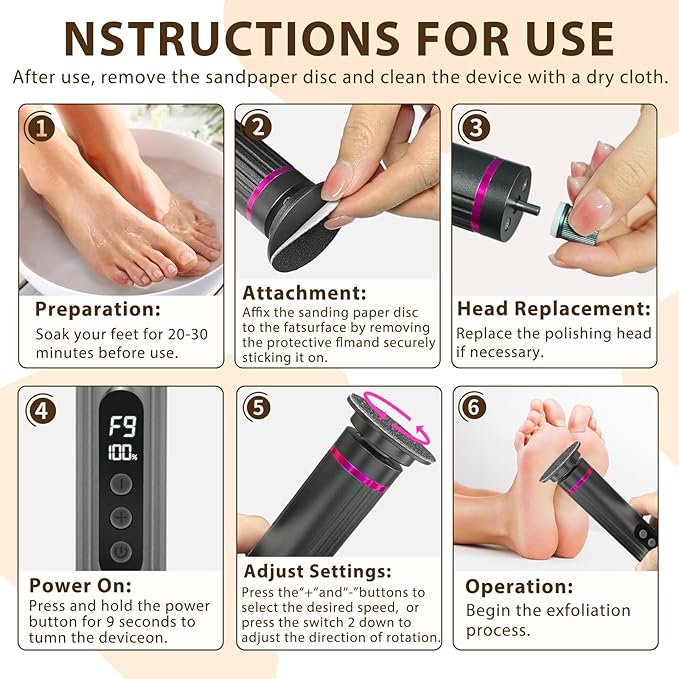 Callus Remover for feet- 2 in 1 Electric Foot File,Adjustable Speed Foot File with Sandpaper Discs & Grinding Heads, 9 Speeds Electric Foot Callus Remover, Pedicure Tools for Valentine's Day Gift-VivaGrace Women