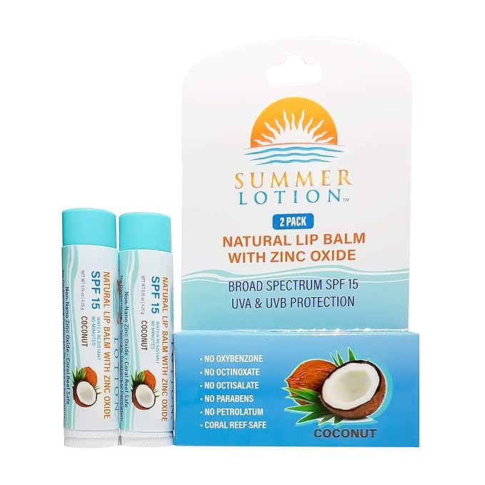 Natural Lip Balm with Zinc Oxide Sunblock by Summer Lotion, SPF 15 Lip Sunscreen 2-Pack, Water Resistant Chapstick, SPF Lip Protection for Everyone, (Coconut)-VivaGrace Women