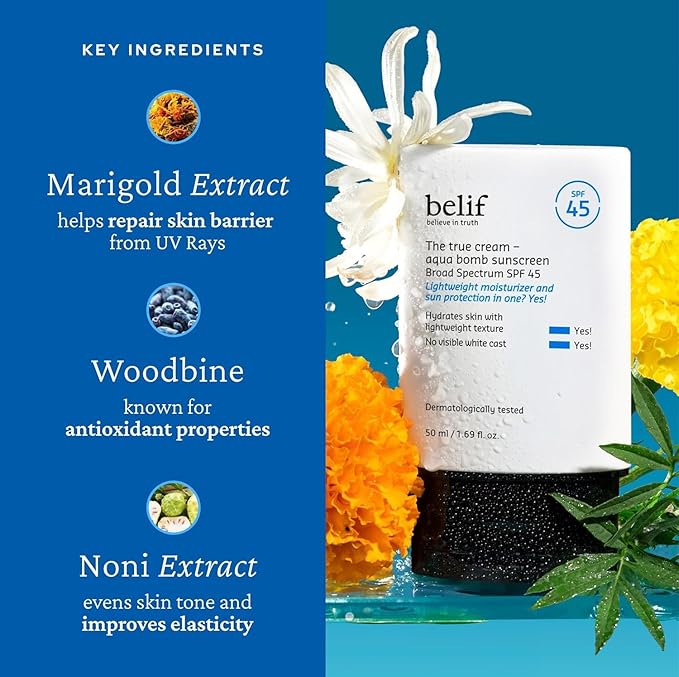 belif Aqua Bomb SPF 45 Hydrating Niacinamide Sunscreen (1.69 fl. oz) - The True Cream PA++++, Daily Broad Spectrum, No White Cast, Weightless & Invisible, Non-Greasy, Korean Skincare-VivaGrace Women