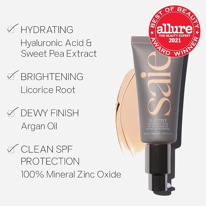 Saie Slip Tint Tinted Moisturizer with SPF 35 - Light Coverage, Glowy Skin Tint & Mineral Sunscreen for Face with Hydrating Hyaluronic Acid - Summer Makeup Essential - Shade Three (1.35 oz)-VivaGrace Women