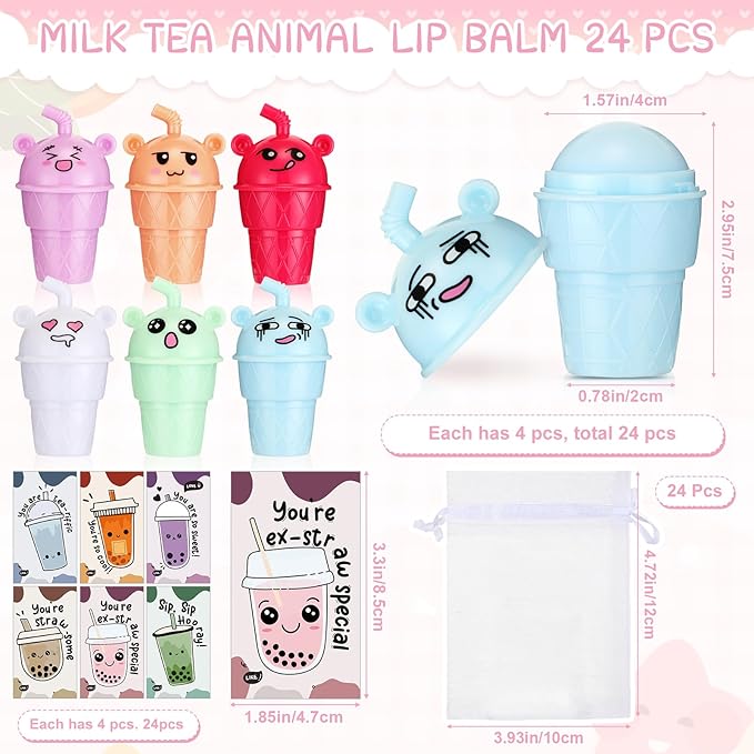 24 Sets Milk Tea Shaped Cute Lip Balm Fruit Flavored Lip Balm with Milk Tea Theme Gift Cards Milk Tea Boba Lover Birthday Baby Shower Party Inspirational Gifts Favors for Girls Kids Women-VivaGrace Women