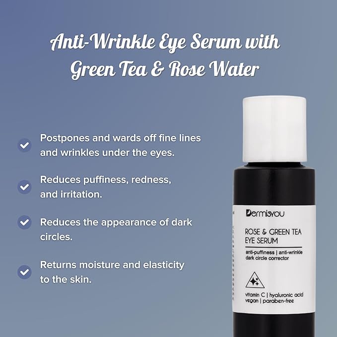 Eye Serum Anti Aging Rose and Green Tea 1.33 OZ with Hyaluronic Acid, Vitamin C and E Anti Puffiness, Anti Wrinkle, Dark Circles Skin Care Products (PACKAGING MAY VARY)-VivaGrace Women