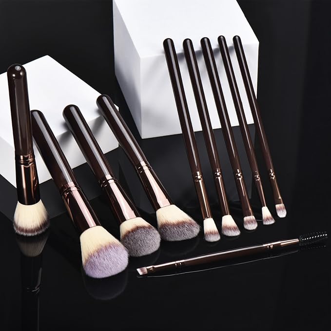 10 Piece Black brown Makeup Brushes and 10 Piece Makeup Sponge – Wooden Handle,with Soft Synthetic Bristles,|Professional Makeup Brushes set for Women & Girls|-VivaGrace Women