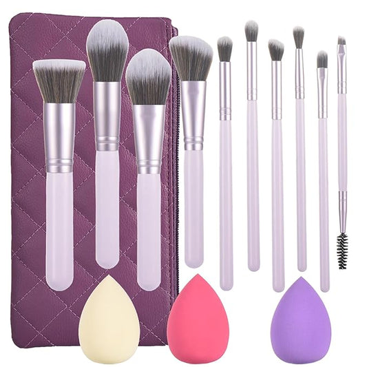 10 Piece Purple Makeup Brushes Set and 3 Piece Makeup Sponge - Wooden Handle with Soft Synthetic Bristles, for Face & Eye Makeup | Professional Cosmetic Brushes | Includes Travel Pouch-VivaGrace Women