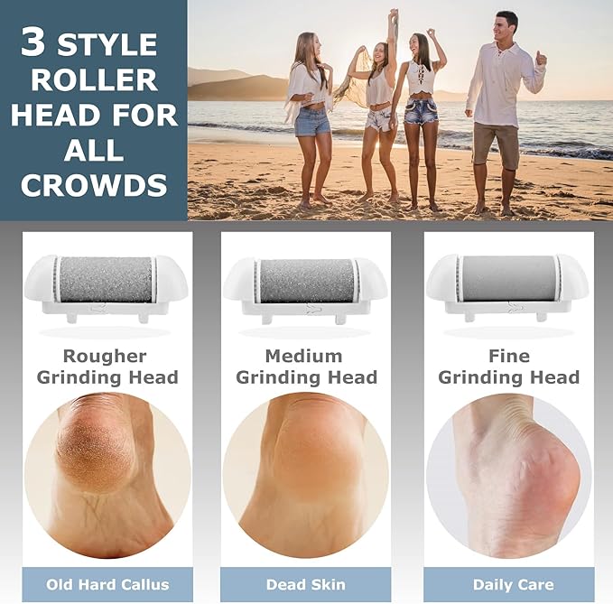 Upgraded Electric Foot Callues Remover, Portable Electric Foot Files with 3 Heads, Rechargeable Feet File for Foot Care, Waterproof Deadskin Remover, Pedicure Tool for Dry and Crack Feet-VivaGrace Women