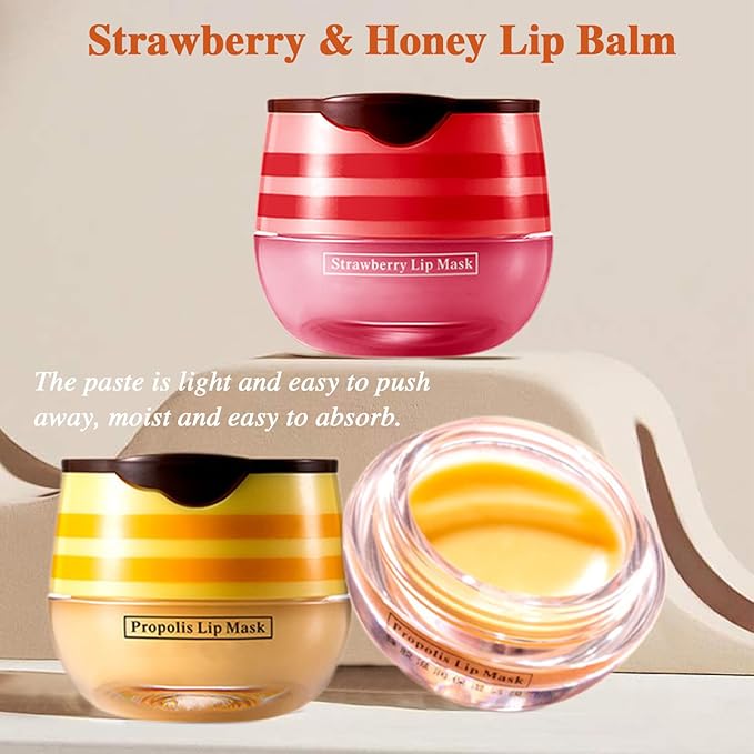 Honey Lip Balm Pot, 4 PCS Honey & Strawberry Lip Sleeping Mask Hydrating Propolis Lip Balm with Stick, Prevention Dry and Cracked Lip Scrubs Reduces Lip Wrink (2 Honey+2 Strawberry)-VivaGrace Women