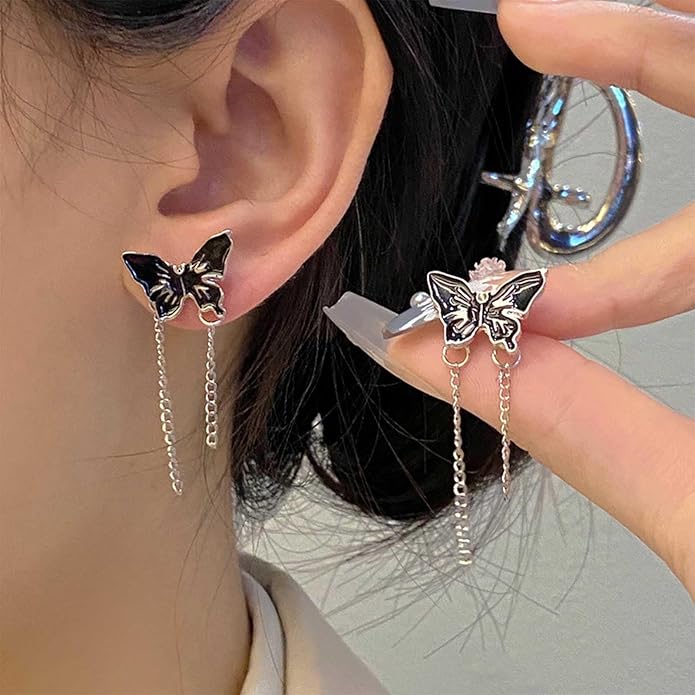 Vintage Butterfly Stud Earrings Silver Chain Tassel Dangle Earrings Black Butterfly Earrings Layer Chain Drop Earrings Jewelry for Women-VivaGrace Women