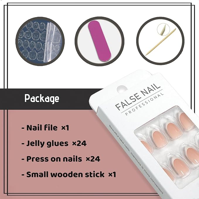 Short Nude Press on Nails Almond Fake Nails French Tip Glue on Nails Glossy Full Cover Stick on Nails White Glue on Acylic Nails for Women and Girls
