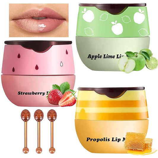 3Pcs Lip Balm Honey Pot with Stick, Honey Strawberry Apple Moisturizing and Hydrating Sleeping Lip Mask, Day and Night Repair and Care, Improve Lip Color, Reduce Lip Lines (SET A)-VivaGrace Women