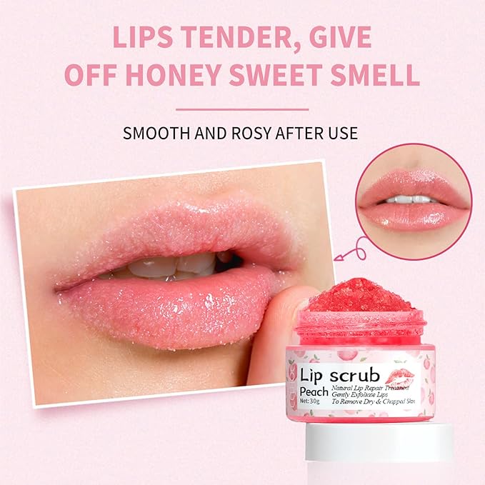 Lip Scrub, Lip Scrubs Exfoliator & Moisturizer,Lip Scrub for Dark Lips,Natural Sugar Lip Scrub with Lip Brush,Repair Cracked Lips,Chapped Lips (Peach)-VivaGrace Women