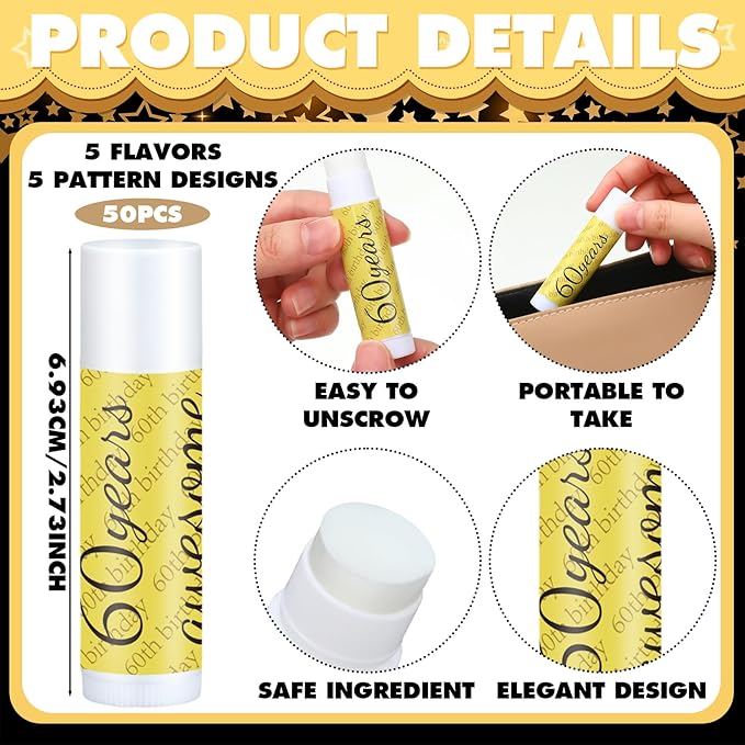 50 Sets 60th Birthday Favors Lip Balm Gifts Bulk Moisturizing Lip Balm with 50 Organza Drawstring Gift Bag 50 Tags 60th Birthday Party Supplies Gifts Bulk for Men and Woman-VivaGrace Women