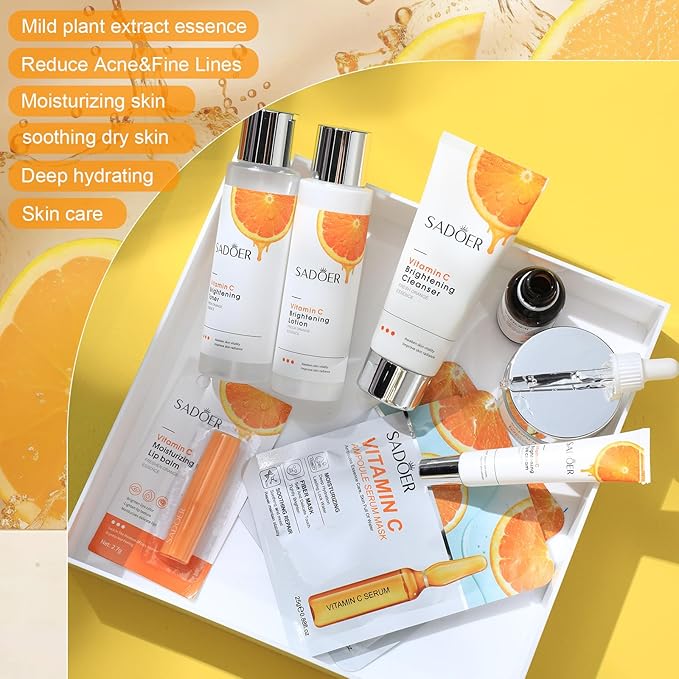 10 Pcs Skin Care Sets Face Care Set for Women Includes 1 Pcs Cleanser, Toner, Lotion, Eye Cream, Serum, Face Cream, Lip Balm and 3 Facial Masks Skincare Gift for Girls (Vitamin C)-VivaGrace Women