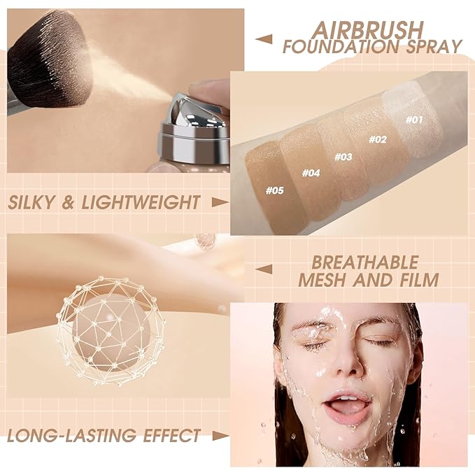 AirBrush Foundation Spray, Silky Mist Foundation Spray Makeup Set with Brush, Full Coverage Foundation for Smooth Radiant Finish, Formula Breathable Lightweight Hydrating | #01 Porcelain-VivaGrace Women