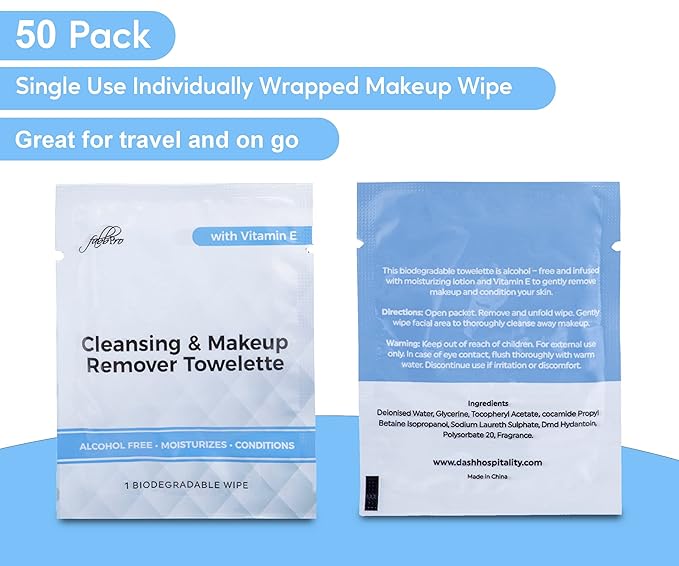 Cleansing & Makeup Remover Towelette with Vitamin E – Alcohol-Free Heavy Face Cleansing Wipes – Exfoliating Makeup Remover Wipes – Biodegradable & Eco Friendly Make up Remover Face Wipes - Pack of 50