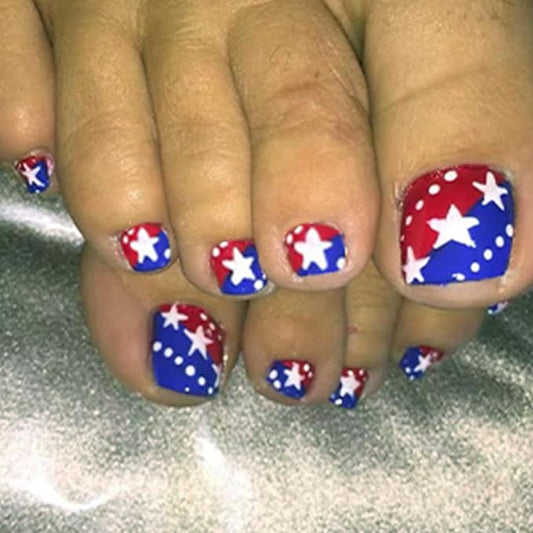 Independence Day Press on Toenails Short Square False Toe Nails with Red Blue USA Flag Designs Star Fake Toe Nails Summer Acrylic Toenails 4th of July Glue on Toe Nails for Women Girls Manicure 24Pcs