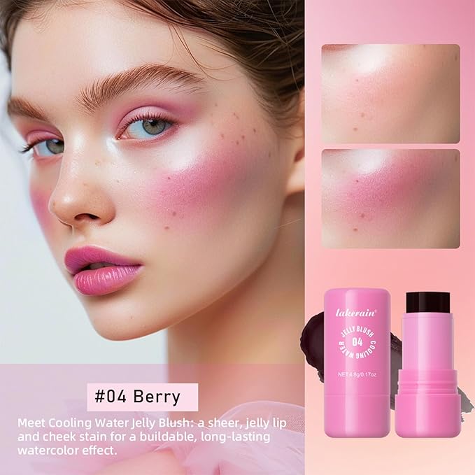 Multi-Use Cooling Water Jelly Blush/Lip Tint & Eye Shadow - Sheer Stain withBuildable Watercolor Finish - Long-Lasting Moisture - 1,000+ Swipes Per Stick - Jelly Texture for Lip & Cheek (Berry)-VivaGrace Women