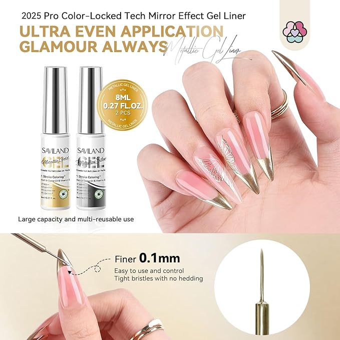 SAVILAND Metallic Gel Liner Nail Art: 2PCS Silver & Gold Metallic Gel Nail Polish Chrome 3D Effect Mirror Gels Polish Build in Thin Brush Metal Painting Gels Nails Design for Salon Home DIY