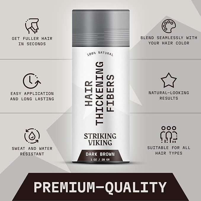 Striking Viking Hair Fibers for Thinning Hair, Dark Brown (28g) - Long Lasting, Undetectable Natural Building Powder for Thicker Looking Results, Men & Women-VivaGrace Women