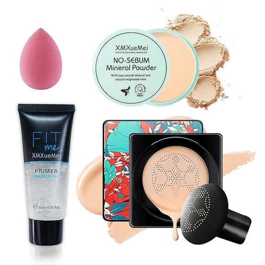 Air Cushion CC Cream Mushroom Head Foundation,Waterproof Long Lasting Loose Setting Powder,Moisturizing BB Cream Liquid Foundation Makeup Primer Concealer Base with Makeup Sponge（4PCS）-VivaGrace Women