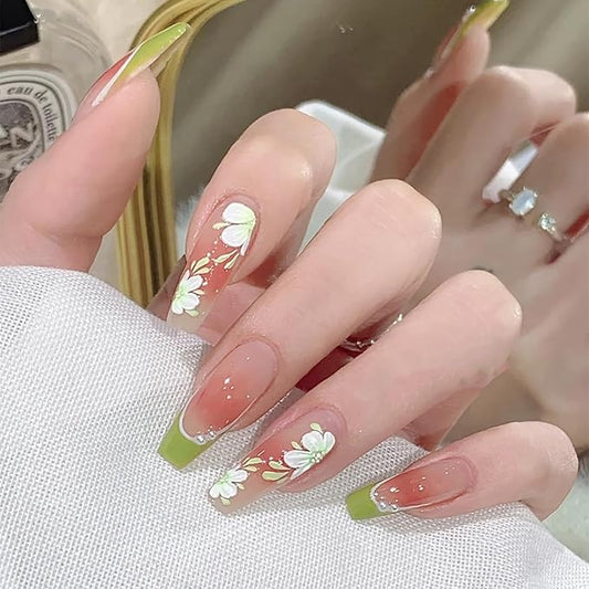 Green French Tip Fake Nails 24Pcs White Flower Press on Nails Long Coffin Acrylic False Nails with Design Pearl Nail Charms Camellia Flowers Glue on Nails Gradient Blush French Artificial Nails