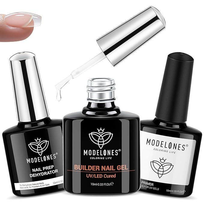 modelones Nail Dehydrator and Primer & Builder Nail Gel, 3Pcs Prep Dehydrate & Bond Primer Clear Gel Builder Polish Base Coat for Strengthener Apex Building, LED Lamp Cured 10ml Home DIY Salon-VivaGrace Women
