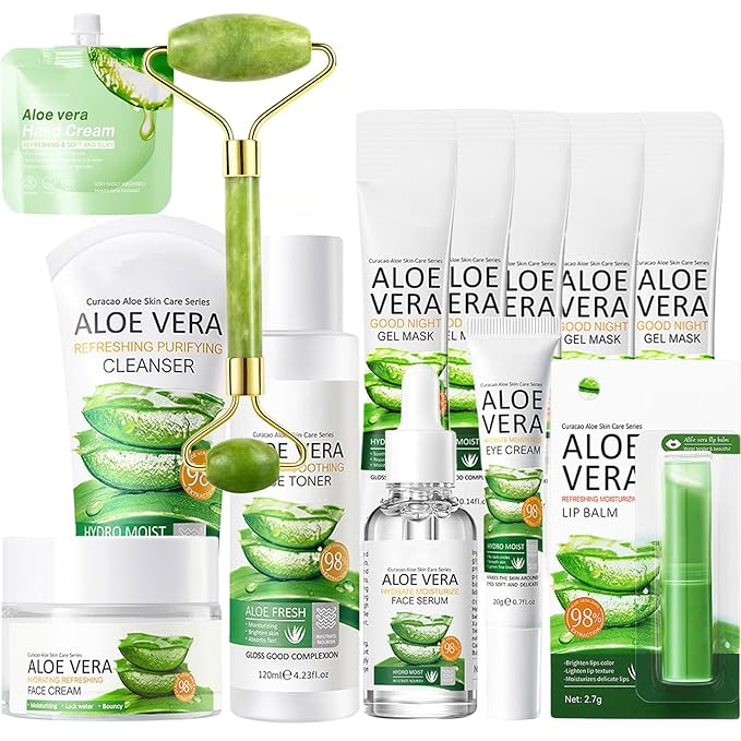 13Pcs Skin Care Products Set, Aloe Vera Skin Care Sets, Skin Care Gift Set for Women Girls, Skincare Routine Set, Face Care Kit for Dry Skin, Hydrating Moisturizer, Cleanser, Face Massage Roller-VivaGrace Women