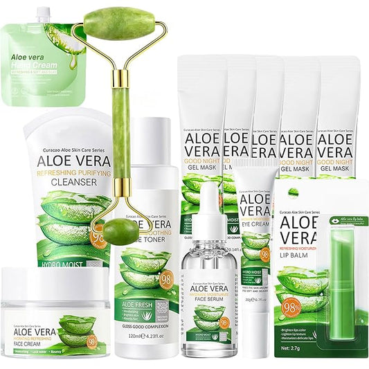 13Pcs Skin Care Products Set, Aloe Vera Skin Care Sets, Skin Care Gift Set for Women Girls, Skincare Routine Set, Face Care Kit for Dry Skin, Hydrating Moisturizer, Cleanser, Face Massage Roller-VivaGrace Women