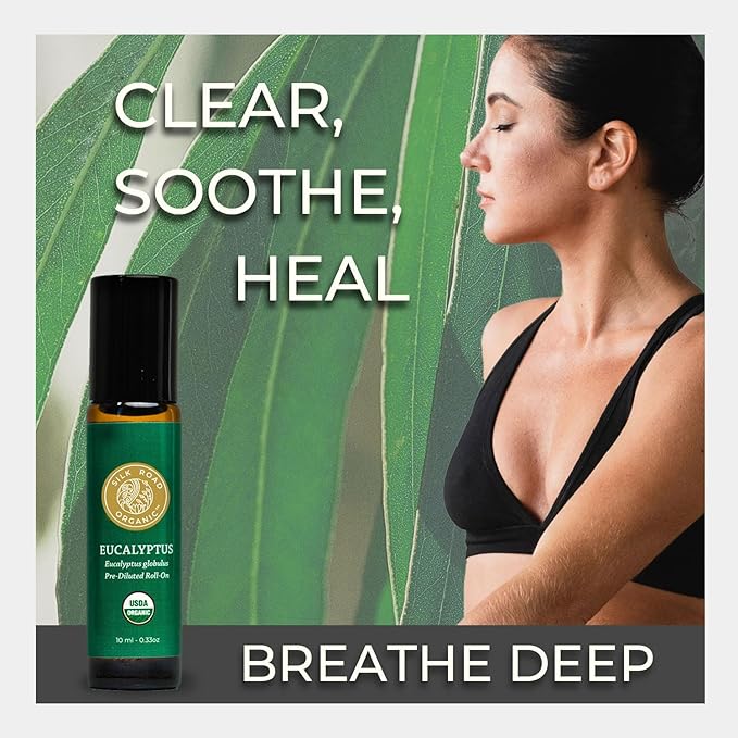 Silk Road Organic Eucalyptus Essential Oil Roll On, 100% Pure USDA Certified - Respiratory Health, Colds, Cough, Sinus & Allergy Congestion - 10 ml Roller - Always Pure, Always Organic-VivaGrace Women