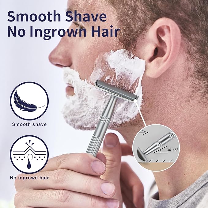 Matte Silver Double Edge Safety Razor, Single Blade Razors for Men and Women, with 10 Stainless Steel Safety Razor Blades, Reusable, Smooth and Close Wet Shaving Kit, Plastic Free-VivaGrace Women