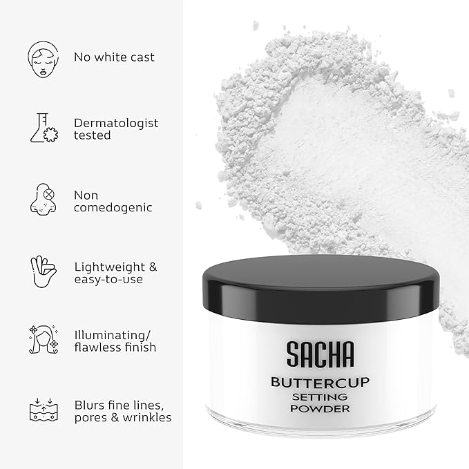 Sacha BUTTERCUP No Color Setting Powder Makeup 1.75 Oz. Translucent Setting Powder for Oily Skin Finishing Powder Loose Powder Makeup Blurring Powder Blurs Fine Lines and Pores For All Skin Tones-VivaGrace Women
