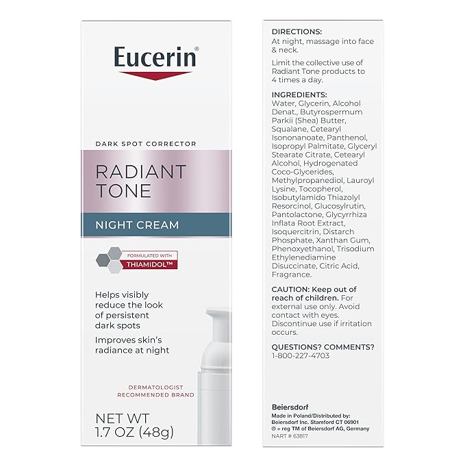 Eucerin Radiant Tone Night Cream, Dark Spot Corrector with Thiamidol, Night Moisturizer for Face Helps Visibly Reduce the Look of Persistent Dark Spots, All Skin Types, 1.7 Oz Bottle-VivaGrace Women