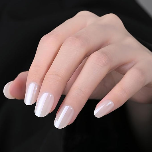 Chrome White Press On Nails Short Ovale 24 Pcs, Pearl Designer Reusable Acrylic Fake Nails with Glue, Glossy Soft Gel Nails Wedding and Party, Stick On Glue On Nails, Nails for Women Gift