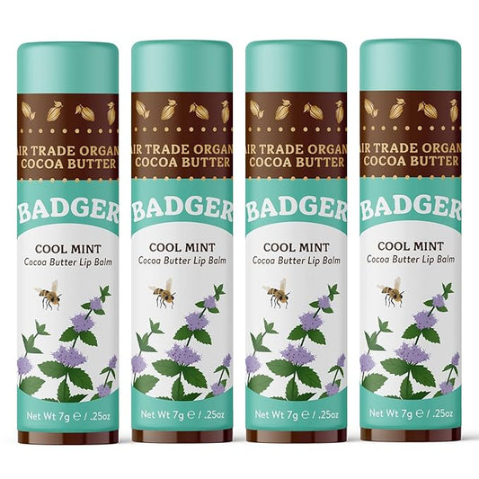 Badger - Cocoa Butter Lip Balm, Cool Mint, Certified Organic Lip Balm, Fair Trade, Lip Butter, Lip Balm Cocoa Butter, Cocoa Care Lip Balm, 0.25 oz (4 Pack)-VivaGrace Women