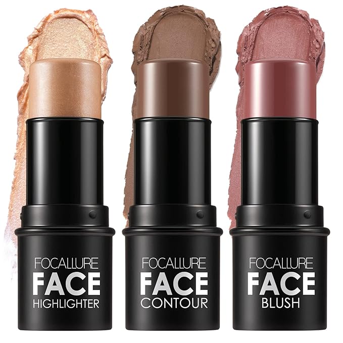 FOCALLURE 3 Pcs Cream Contour Sticks,Shades with Highlighter & Bronzer & Blush,Non-greasy Long-wear Face Contouring Pen,Easy to Sculpt the Face and Create a Lightweight Finishing Makeup,DEEP-VivaGrace Women