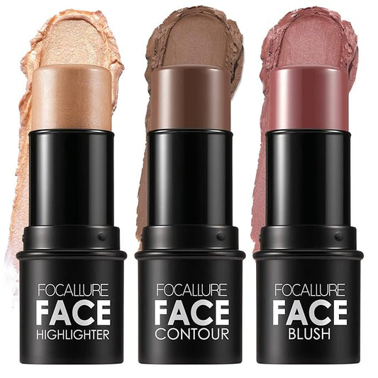 FOCALLURE 3 Pcs Cream Contour Sticks,Shades with Highlighter & Bronzer & Blush,Non-greasy Long-wear Face Contouring Pen,Easy to Sculpt the Face and Create a Lightweight Finishing Makeup,DEEP-VivaGrace Women