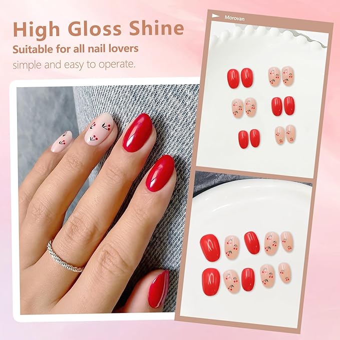 24 Pcs Cherry Press-on Nails | Extra Short, Almond Shaped, Pink/Red - Full Cover, Acrylic, Reusable, Fruit Design, Glossy Finish for Women's Daily Nails Art