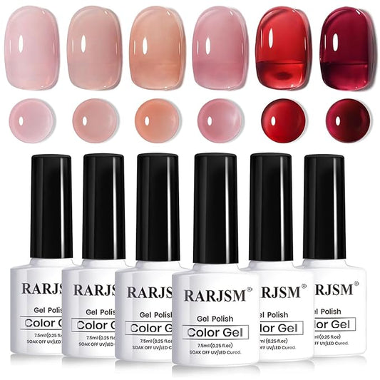 RARJSM Nude Jelly Gel Nail Polish Set 6pcs Clear Crytal Glass Pale Gray Pink Cherry Red Series Transparent Sheer Amber Milky Gel Varnish LED UV Curing Requires Soak off French Manicure Home Salon-VivaGrace Women