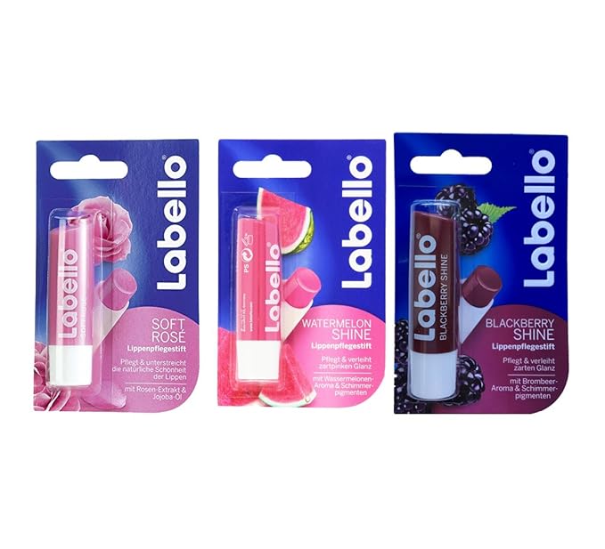 Labello Soft Rose, Labello Watermelon Shine, Labello Blackberry Shine Lip Balm Bundle-VivaGrace Women
