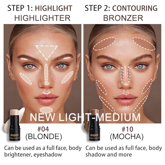 evpct 2Pcs Face Cream Contour Bronzer Sticks Makeup Highlighter Highlight Blonde Mocha Creme Cheek Contour Sticks contorno en crema Bronzing Foundation Face Contour Stick Kit,4+10 New Light-medium-VivaGrace Women