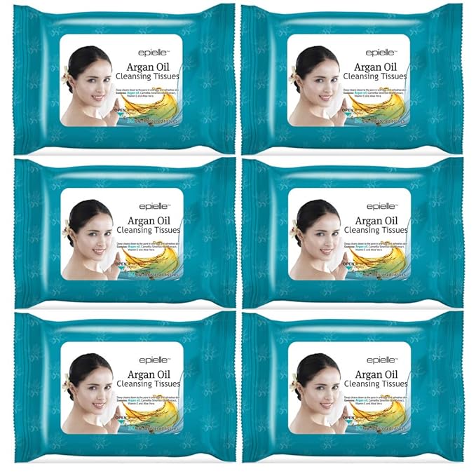 Epielle Argan Oil Makeup Remover Cleansing Wipes Tissue | Gentle for all Skin Types | Daily Facial Cleansing Towelettes | Removes Dirt, Oil, Makeup (Pack of 6)
