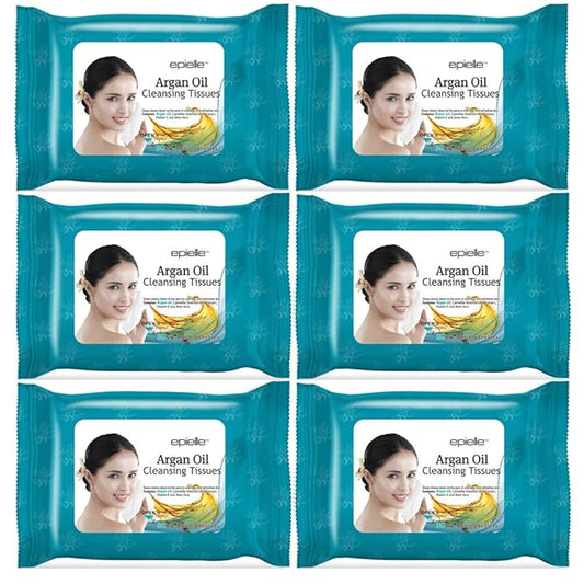 Epielle Argan Oil Makeup Remover Cleansing Wipes Tissue | Gentle for all Skin Types | Daily Facial Cleansing Towelettes | Removes Dirt, Oil, Makeup (Pack of 6)