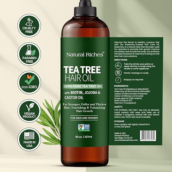 Natural Riches Tea Tree Oil for Hair - Blended with Vitamin E and Castor Oil for Hair Growth - Tea Tree Scalp Treatment for Dry Scalp - Lightweight Scalp Oil for Healthy, Strong Hair - 8 fl oz-VivaGrace Women