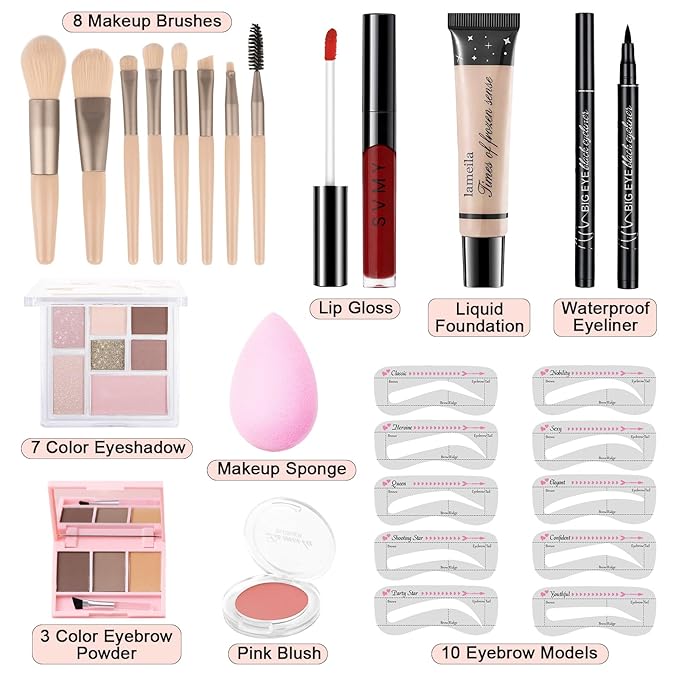 Makeup Kit for Teens Girls, Makeup Present Set for Women, Makeup Full Kit for Beginners, Mini Makeup Bundle Include 7 Pink colors Matte & Shimmer Pigmented Eyeshadow Palette, Eyebrow Powder-VivaGrace Women