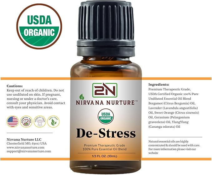 De Stress Blend USDA Organic, 100% Pure and Premium, Undiluted, Ease Stress, Aromatherapy, Mood Booster, Calm, Relax-VivaGrace Women