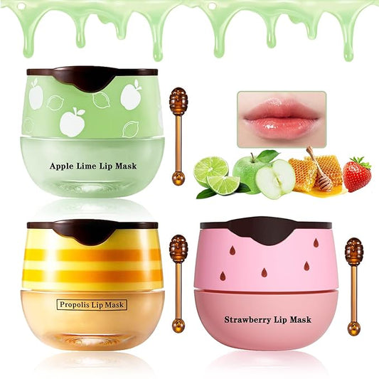3PCS Bee Lip Balm Honey Pot Honey Strawberry Apple Lip Balm Sleeping Lip Mask Silky Hydrating Bee Lip Balm Lip Mask Overnight Lip Care Products(Honey+Strawberry+Apple Lime)-VivaGrace Women