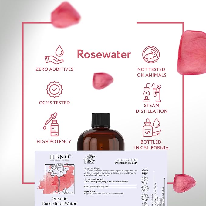 HBNO California Bottled Organic Rose Water for Face Huge 16 fl oz (480ml) Value Size - USDA Certified for Face - Pure Rose Water for Hair - Rosewater for Skincare, Haircare-VivaGrace Women