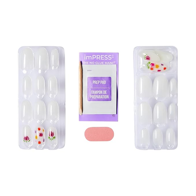 WICKED X imPRESS Design Press On Nails , The EASIEST NO GLUE Mani, Super Hold Adhesive, ‘Beautifical’, White, Medium Oval, Includes 30 Fake Nails, 1 Prep Pad, 1 Manicure Stick, 1 Mini File