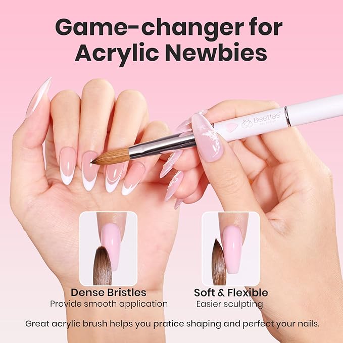 Beetles Acrylic Nail Brush Kolinsky Hair Bristles Round Shaped Metal Handle Nail Art Brushes for Manicure Extension Acrylic Powder DIY at Home Manicure Tool - Size 10-VivaGrace Women