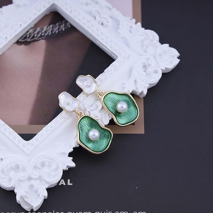 Vintage Lotus leaf Pearl Drop Earrings Green Lotus Leaf Earrings Green Enamel Flower Earrings Gold Irregular Pearl Earrings Jewelry for Women-VivaGrace Women