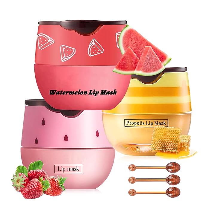 Bee Lip Balm Honey Pot, Strawberry & Honey Moisturizing Propolis Lip Mask, Hydrating & Prevention Dry and Cracked Lip Scrubs Exfoliator, Reduces Lip Lines (Red Yellow Pink)-VivaGrace Women